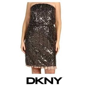 DKNY Strapless Pewter Sequin Dress Satin Ruffles